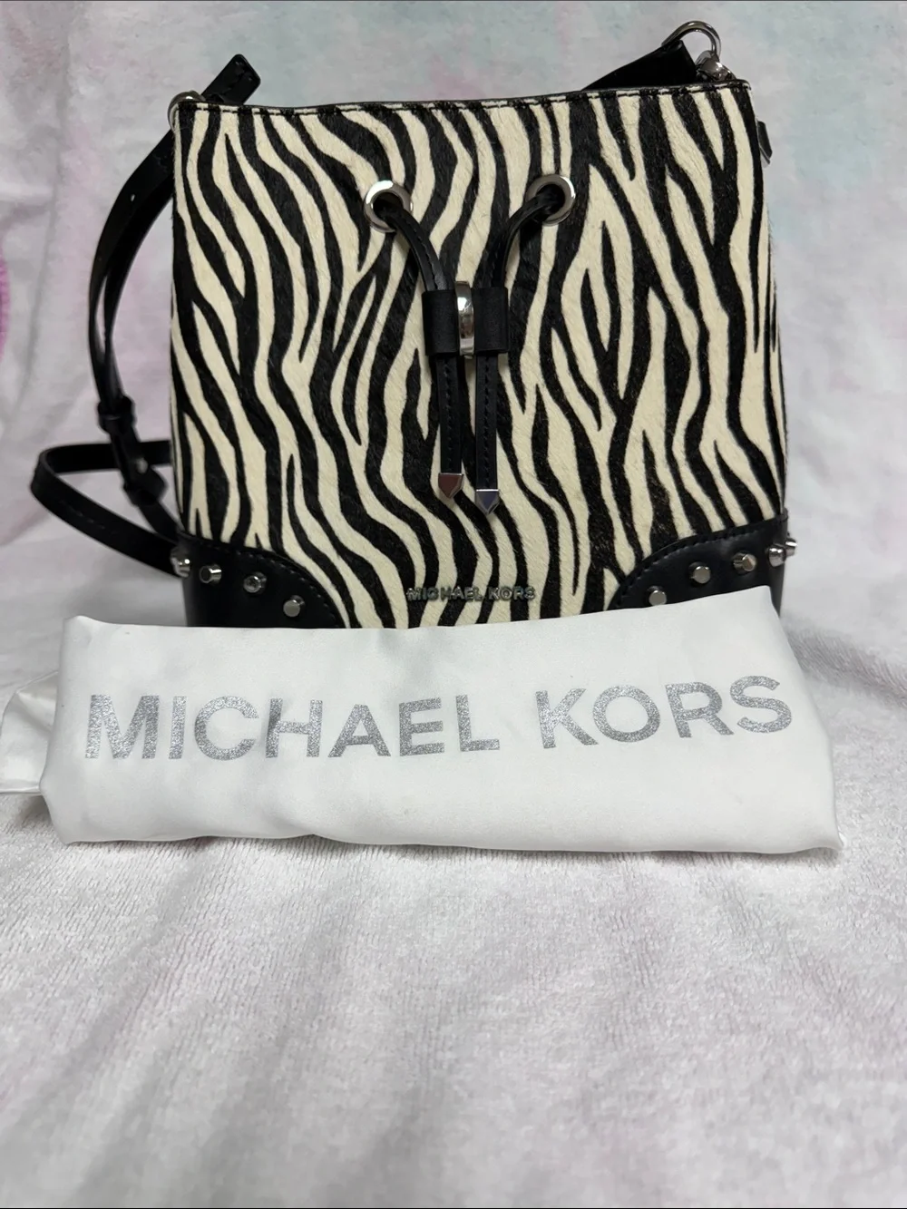 Michael Kors Black & White Zebra-Print Drawstring Crossbody - Picture 3 of 9